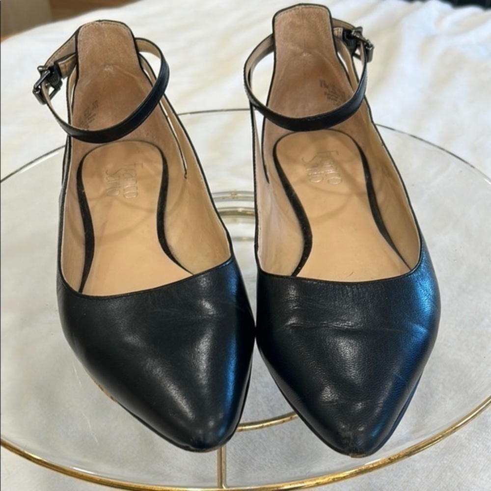 Franco Sarto Sylvia Black Leather Ankle Strap Flats